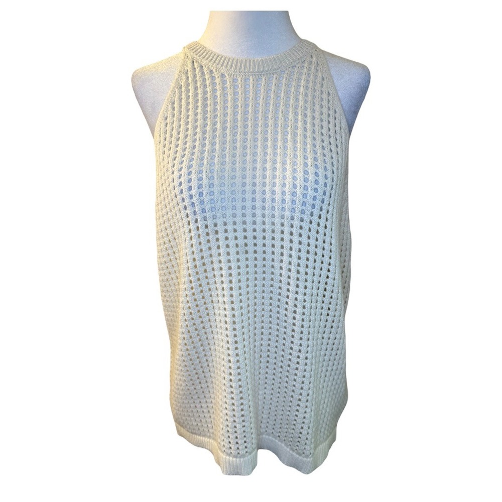 NEW Halogen Knit Tank Top Sleeveless Open Weave Cream Cotton‎ Blend Size Small